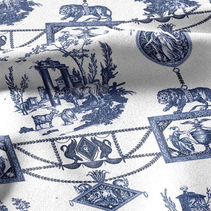 100% LINEN Fabric french blue white print - Goddess Diana with Lion - toile de jouy - Diane chasseresse by Jean-Baptiste Huet 3413