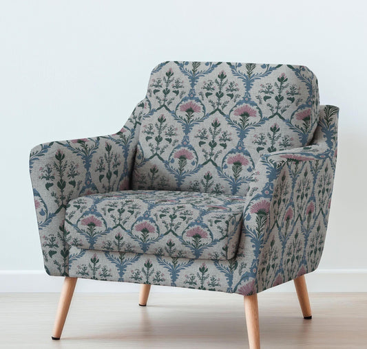 100% LINEN Fabric UPHOLSTERY 12oz - Preppy pink blue green on natural taupe grey linen - Modern vintage floral upholstery 2254