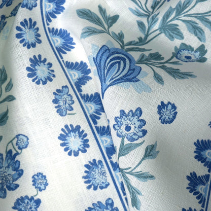 100% LINEN Fabric Floral stripe blue green white - french linen floral upholstery home textile Victorian fabrics 2153