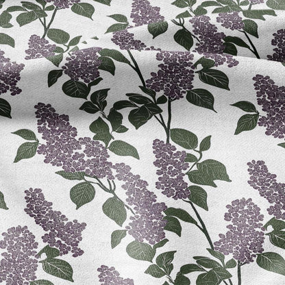 100% LINEN Fabric Block print Lilac blossom - modern vintage botanical flower upholstery home textile artisan green purple white 2355