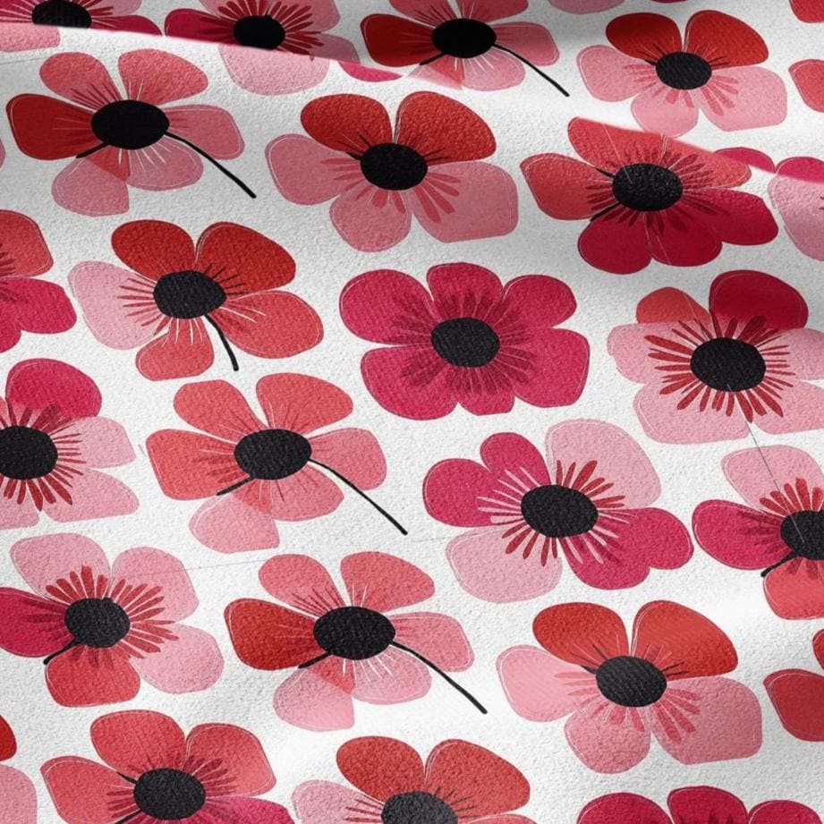 100% LINEN Fabric Red poppy floral print - retro block print flower - for upholstery home decor - medium for dress making 2145