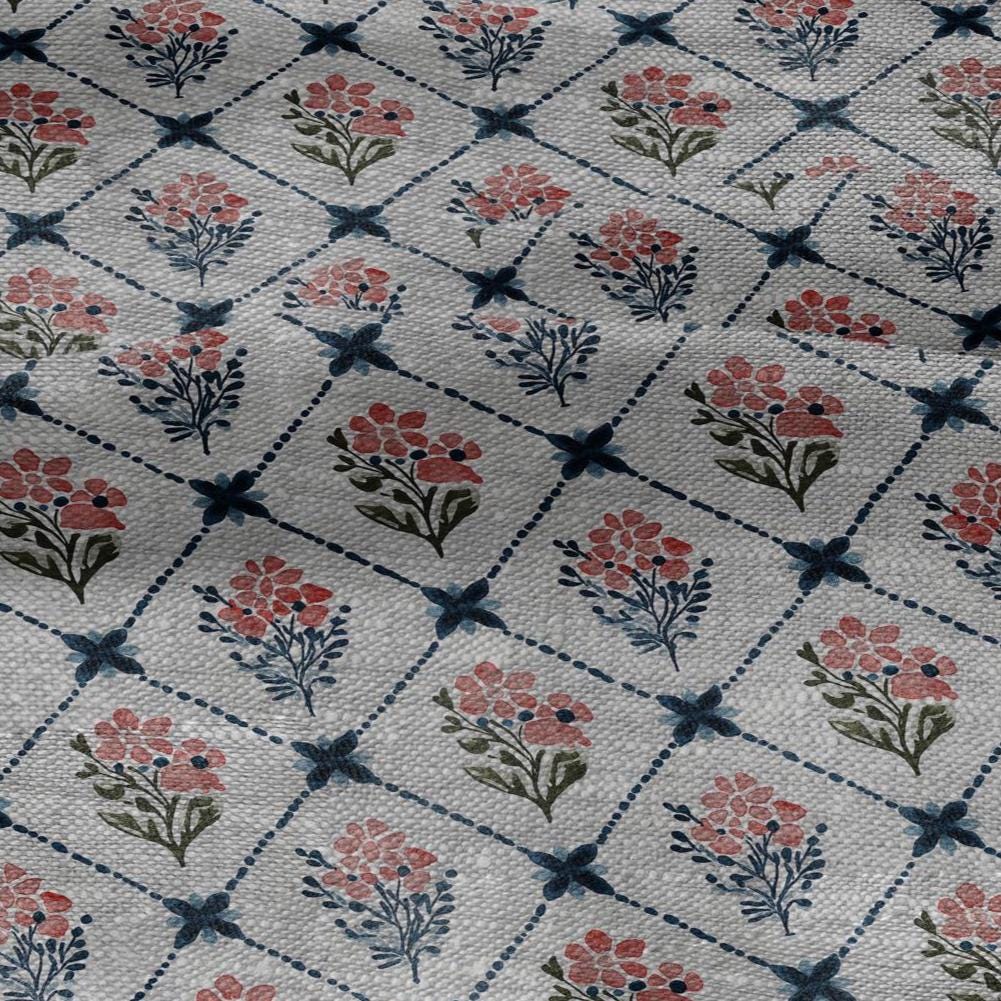 100% LINEN Fabric Rhomb trellis floral geometric print - oatmeal linen fabric botanical - heavy for home decor clothing 3093