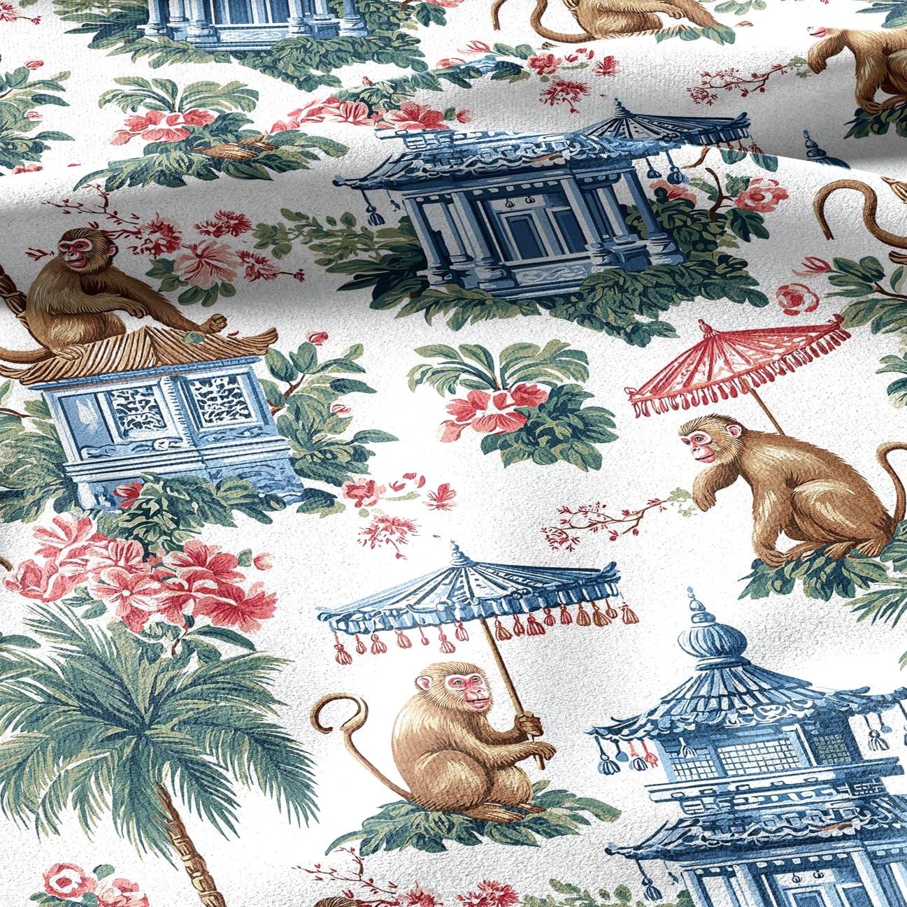 100% linen fabric Monkey with umbrella print - Vintage toile de jouy chinoiserie botanical  - Historical pagoda garden 3338