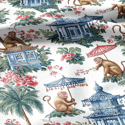 100% linen fabric Monkey with umbrella print - Vintage toile de jouy chinoiserie botanical  - Historical pagoda garden 3338