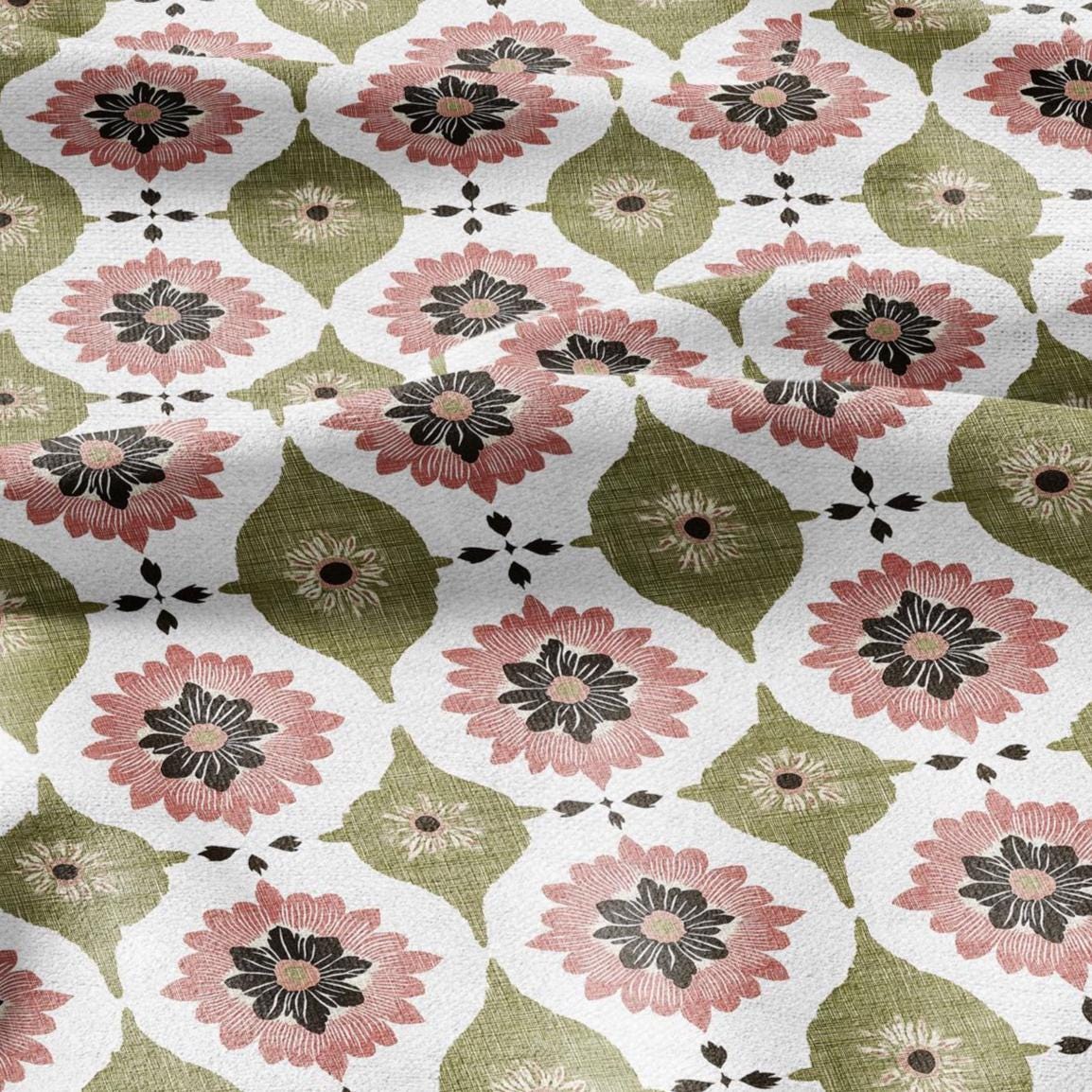 100% LINEN Fabric PInk green floral print - retro block print flower - for upholstery home decor - medium for dress making 2908