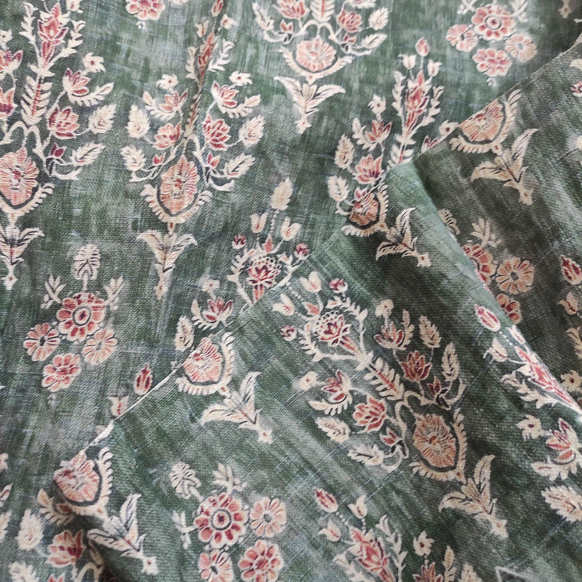 100% LINEN Fabric block print indian 3657-  oatmeal linen fabric with green floral print decor