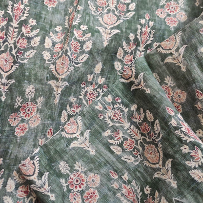 100% LINEN Fabric block print indian 3657-  oatmeal linen fabric with green floral print decor