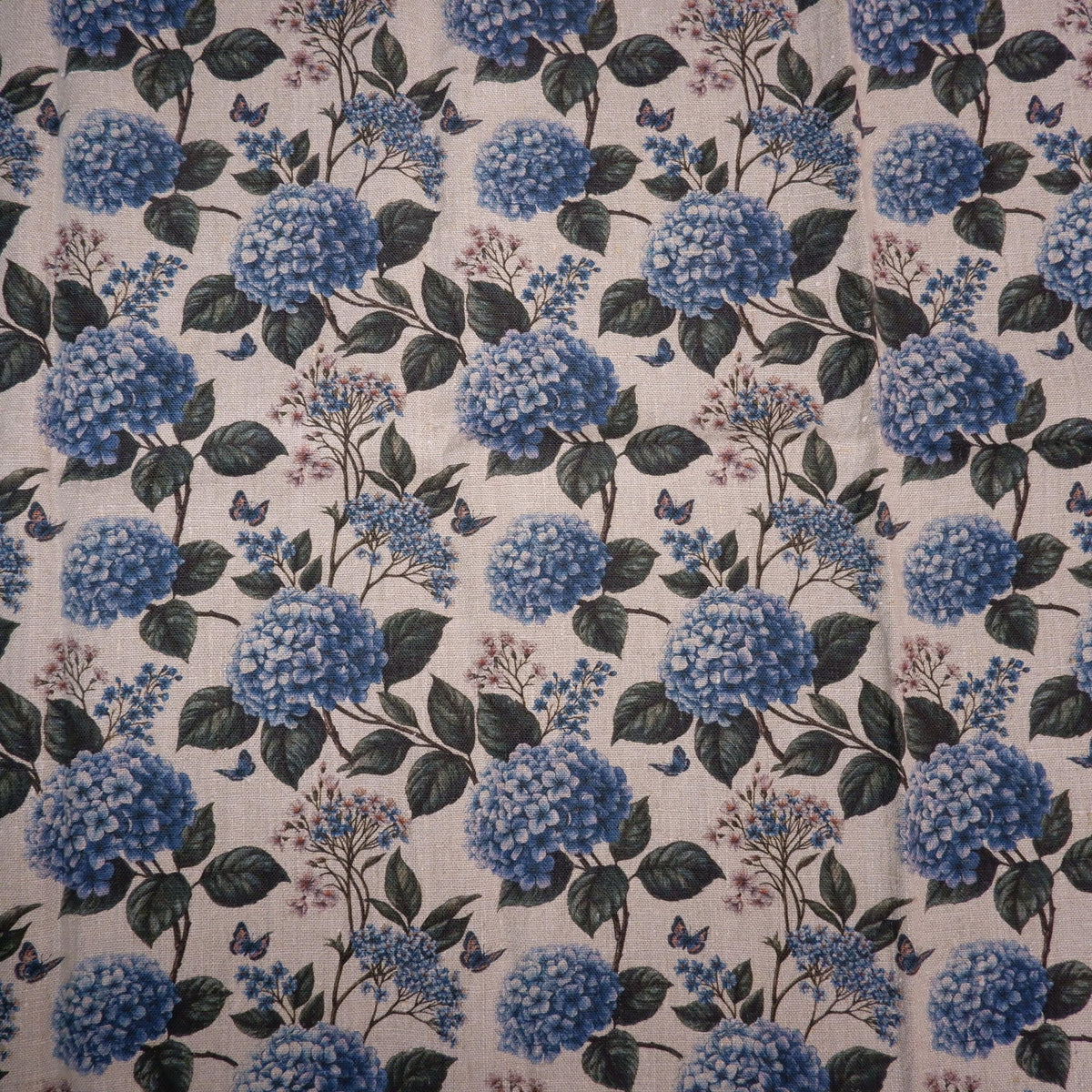 100% LINEN Fabric print Blue Hydrangea -  floral botanical print - heavy for upholstery home decor clothing 3726