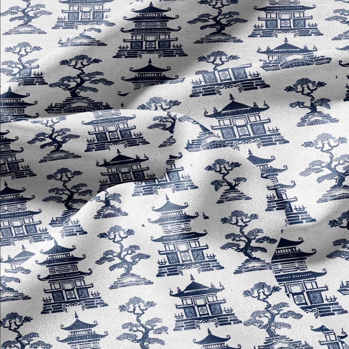100% LINEN Fabric Pagoda blue print - oriental for upholstery home decor - medium for dress making 2873