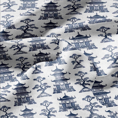 100% LINEN Fabric Pagoda blue print - oriental for upholstery home decor - medium for dress making 2873