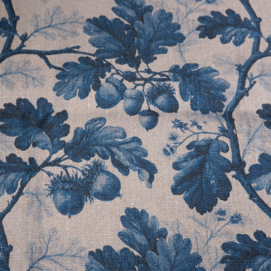 100% LINEN Fabric print Oak leaves with acorn blue grey -  floral botanical print - heavy for upholstery home decor clothing 3712