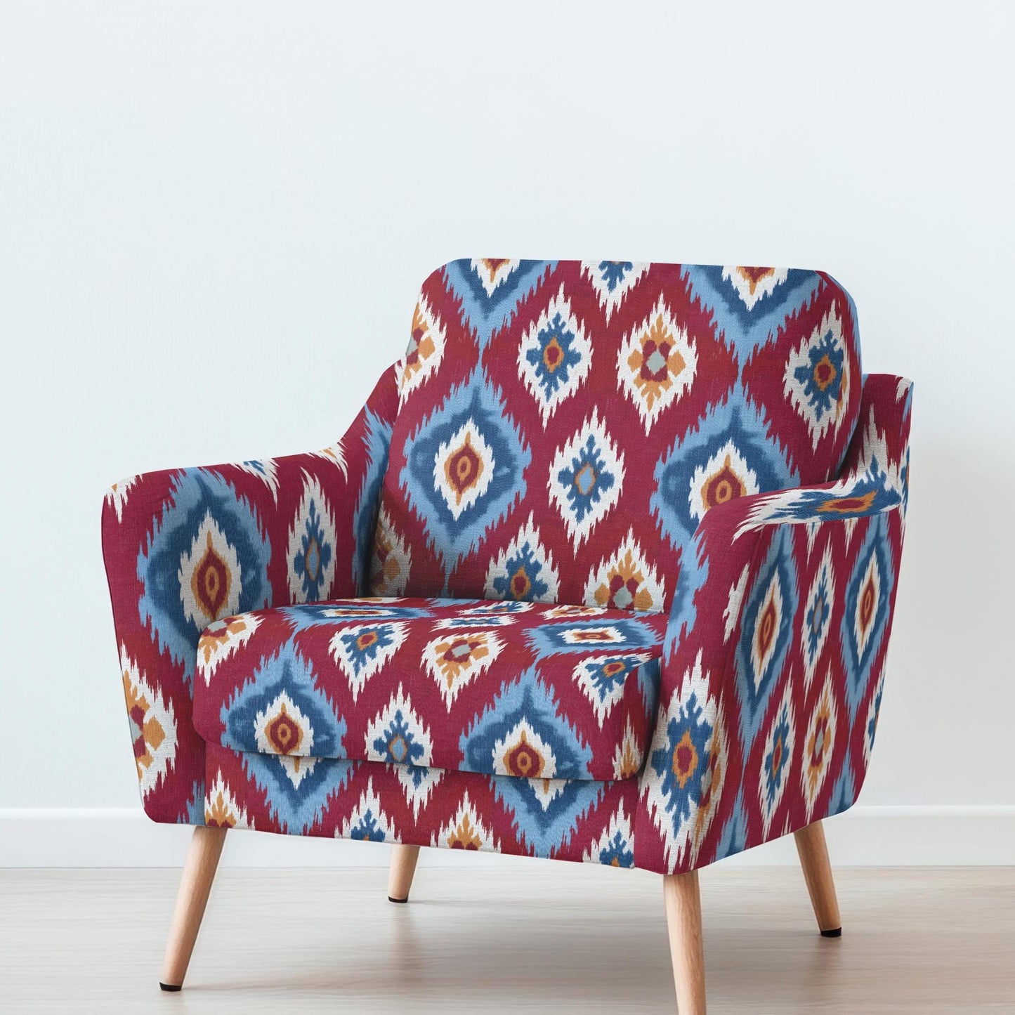 100% LINEN Fabric UPHOLSTERY 12oz - Red blue contrast checks ikat print on linen 2967