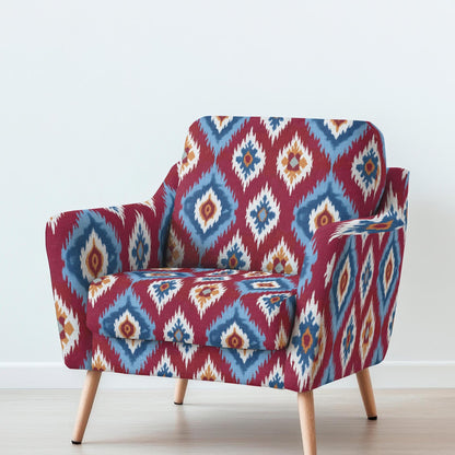 100% LINEN Fabric UPHOLSTERY 12oz - Red blue contrast checks ikat print on linen 2967