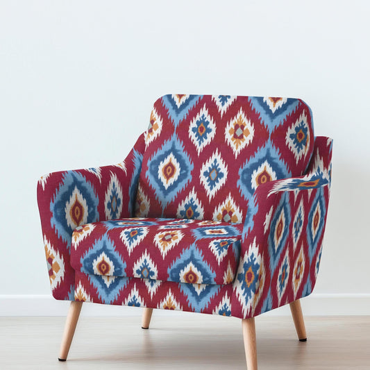 100% LINEN Fabric UPHOLSTERY 12oz - Red blue contrast checks ikat print on linen 2967