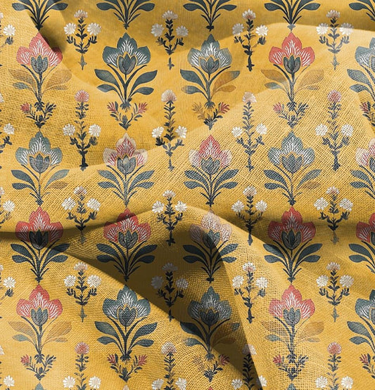 100% LINEN Fabric block print, oatmeal natur linen fabric with mustard floral print, heavy linen fabric for upholstery home decor