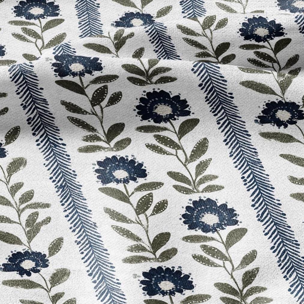 100% LINEN Fabric Floral stripe print green blue - floral upholstery home textile artisan fabrics blue green white 3126