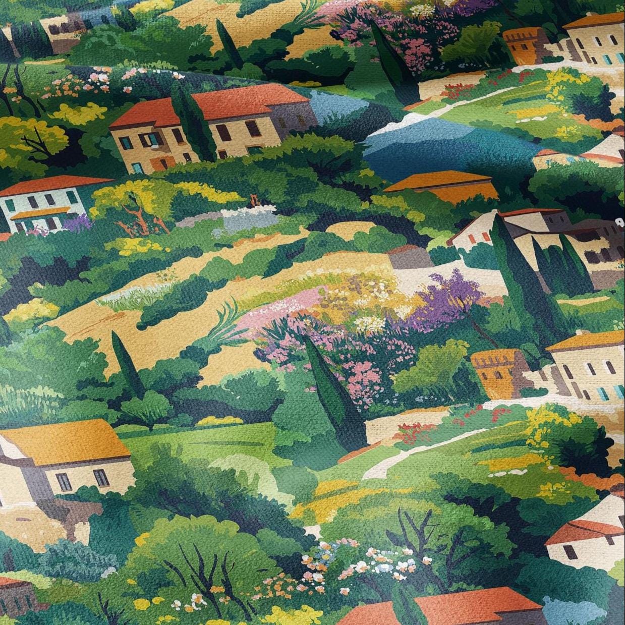 100% LINEN Fabric Catalonia Landscape - town city scenery print - heavy linen fabric for upholstery home decor 2920