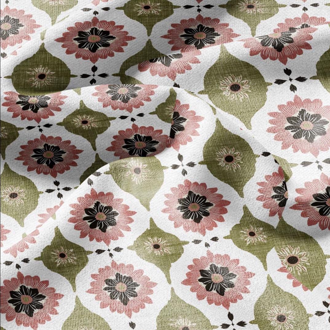 100% LINEN Fabric PInk green floral print - retro block print flower - for upholstery home decor - medium for dress making 2908
