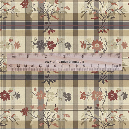 100% LINEN Fabric block print Gingham floral - brown floral linen heavy for upholstery home decor - medium for dress making 2911