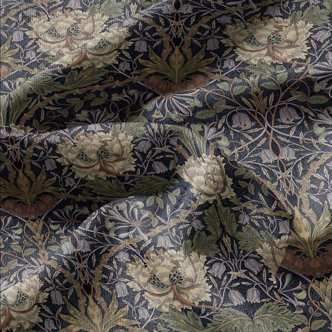 100% linen fabric William Morris Honeysuckle dark colorful print - Victorian Art crafts - Historical pattern fabric upholstery sewing 3313