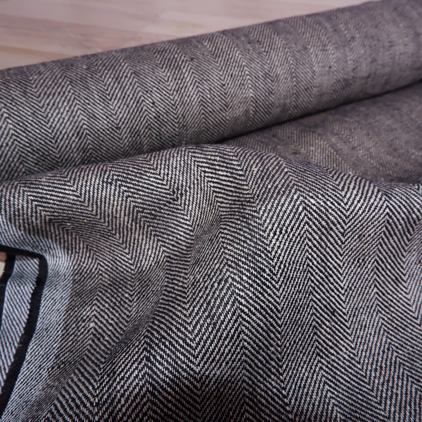Fishbone 100% linen fabric - Broken twill Herringbone - Black White Blue Grey - Heavy weight, dense. For upholstery, jackets, home textile