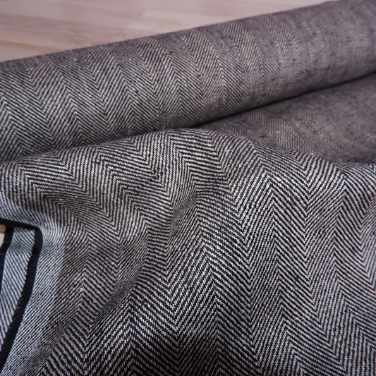 Fishbone 100% linen fabric - Broken twill Herringbone - Black White Blue Grey - Heavy weight, dense. For upholstery, jackets, home textile