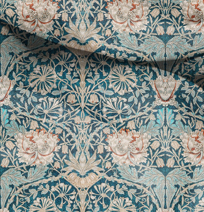 William Morris Honeysuckle print on 100% LINEN fabric - green blue floral 2103