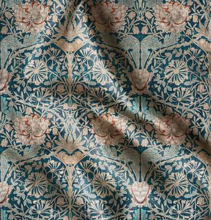 William Morris Honeysuckle print on 100% LINEN fabric - green blue floral 2103