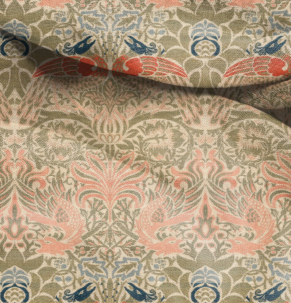 William Morris Dragon and peacock pink print on 100% LINEN fabric LL343P