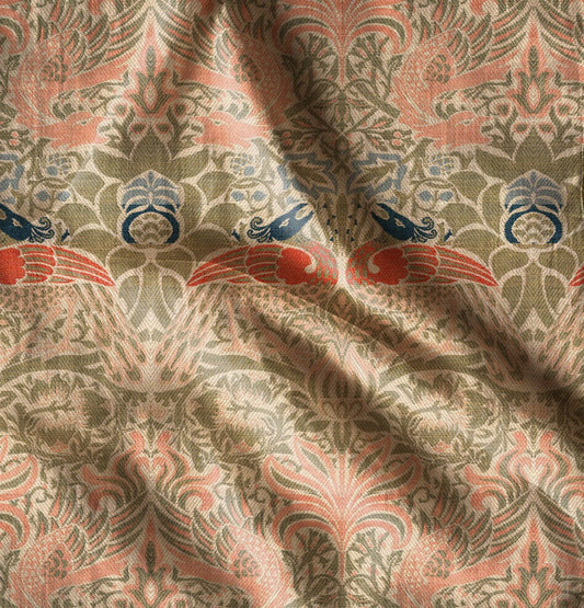 William Morris Dragon and peacock pink print on 100% LINEN fabric LL343P