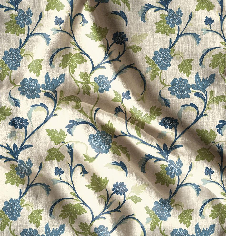 100% LINEN Fabric  - botanical beige green print on white linen 2520