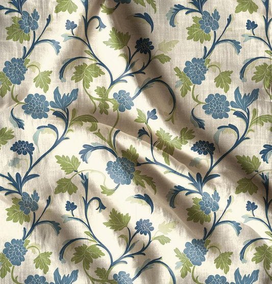 100% LINEN Fabric  - botanical beige green print on white linen 2520