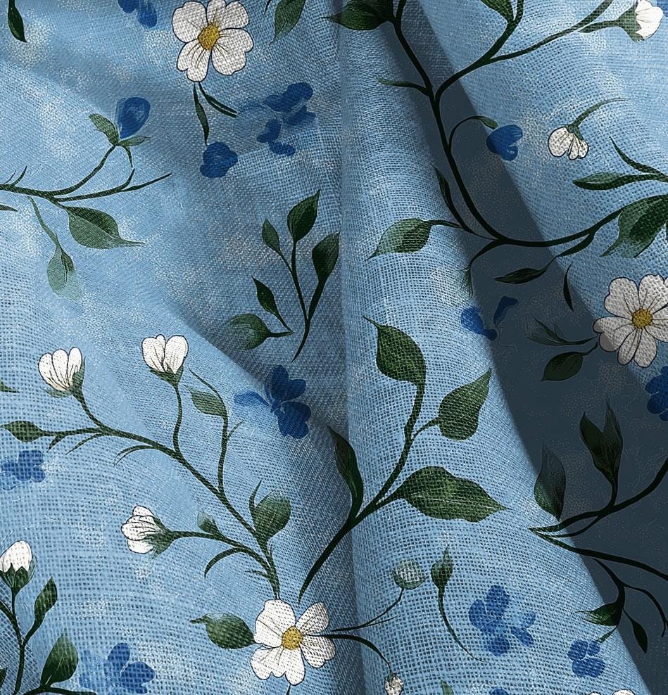 100% LINEN Fabric Floral blue print 2519