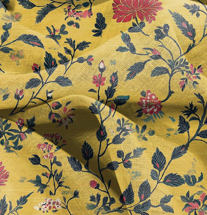 100% LINEN Fabric floral mustard yellow print 2563