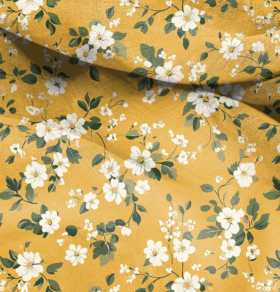 100% LINEN Fabric Mustard floral print - romantic wildflowers 2522