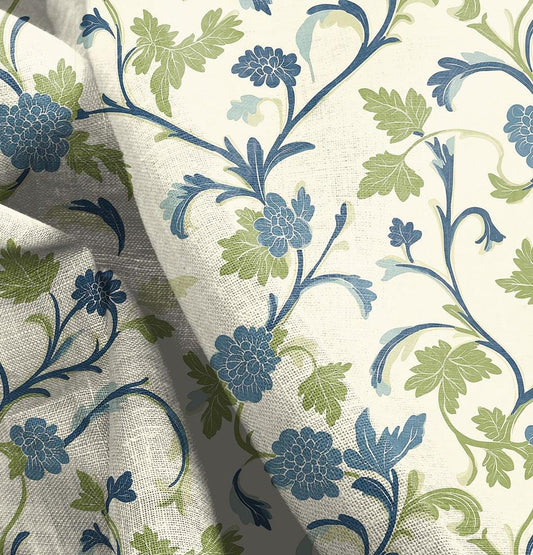 100% LINEN Fabric  - botanical beige green print on white linen 2520