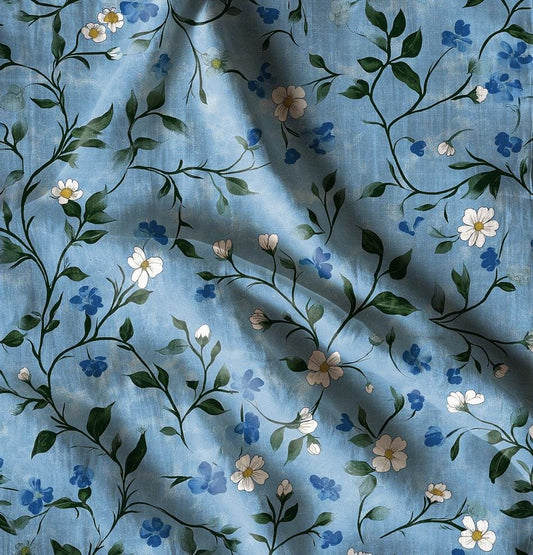 100% LINEN Fabric Floral blue print 2519