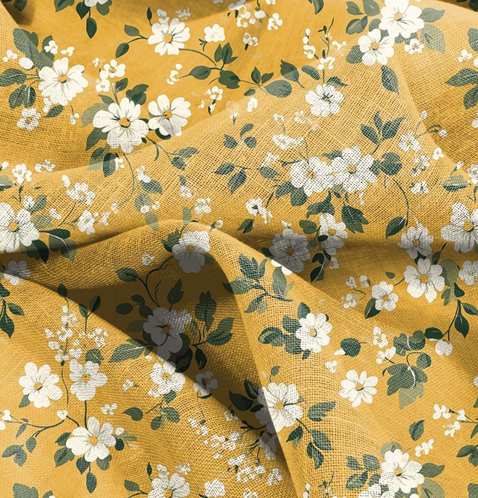 100% LINEN Fabric Mustard floral print - romantic wildflowers 2522