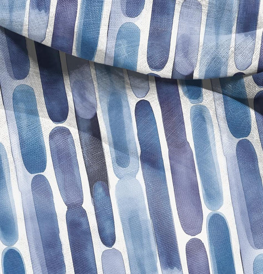 100% LINEN Fabric Abstract Watercolor blue stripes print 2523
