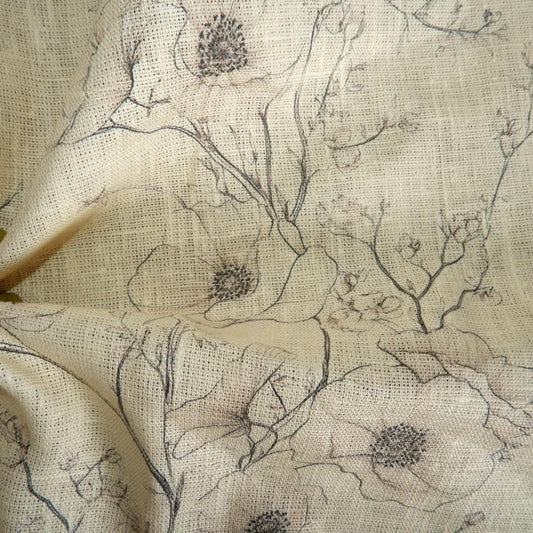 100% LINEN Fabric beige poppy print - LL359P