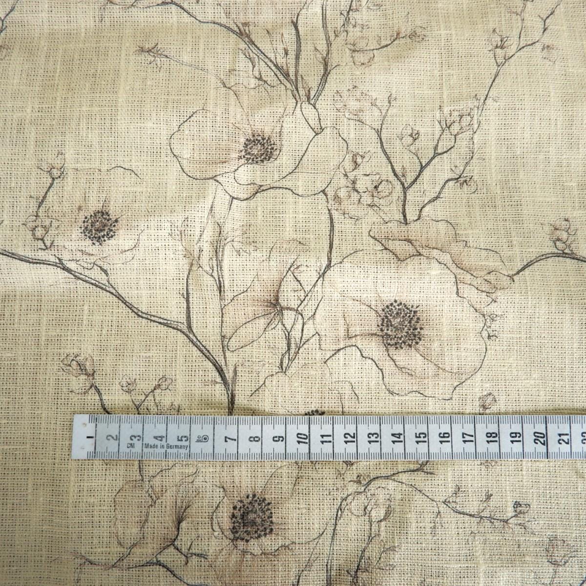 100% LINEN Fabric beige poppy print - LL359P