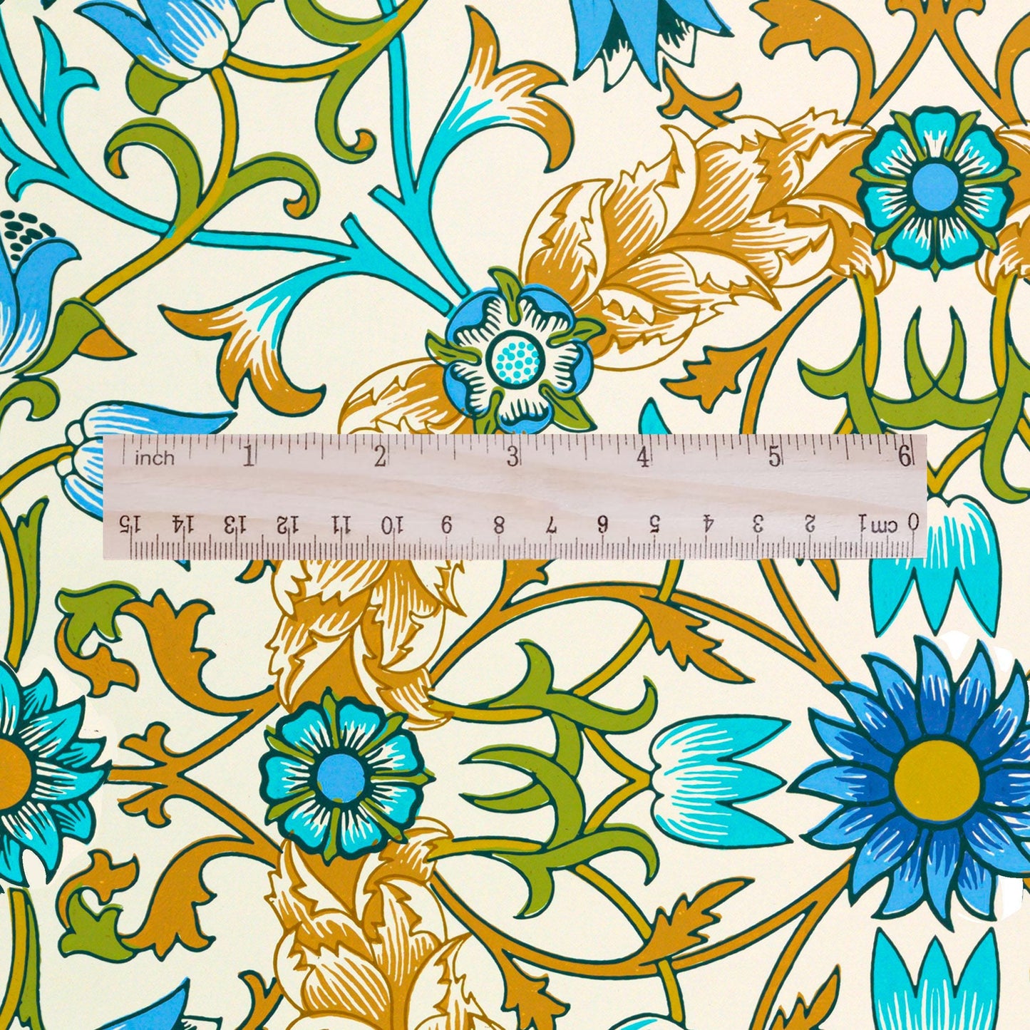 William Morris Lilies & Roses print 100% LINEN fabric - beige blue floral 2111