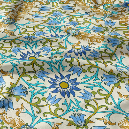 William Morris Lilies & Roses print 100% LINEN fabric - beige blue floral 2111
