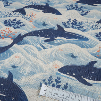 100% LINEN fabric Nautical print blue WHALE -  2012