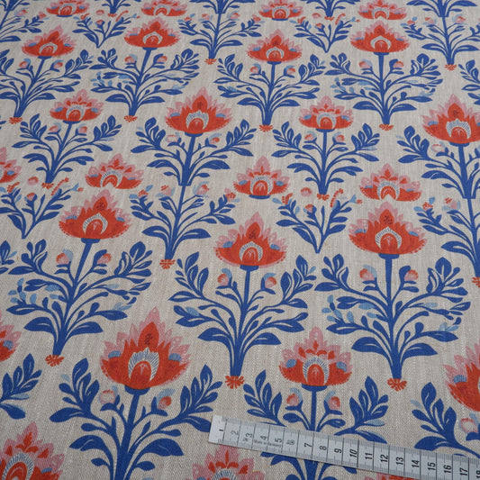 100% LINEN Fabric  - block blue red floral Folklore print on oatmeal linen 2007