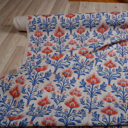 100% LINEN Fabric  - block blue red floral Folklore print on oatmeal linen 2007