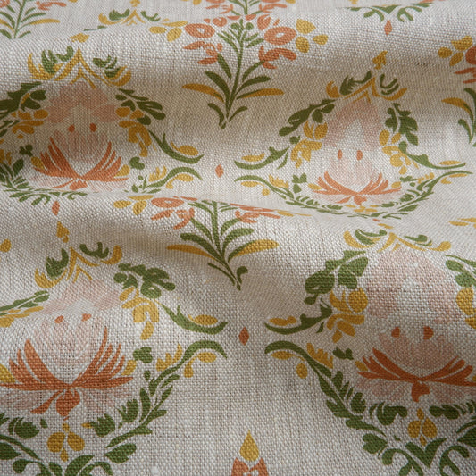 100% LINEN Fabric block print pastel green pink grey  - Scandi 2051