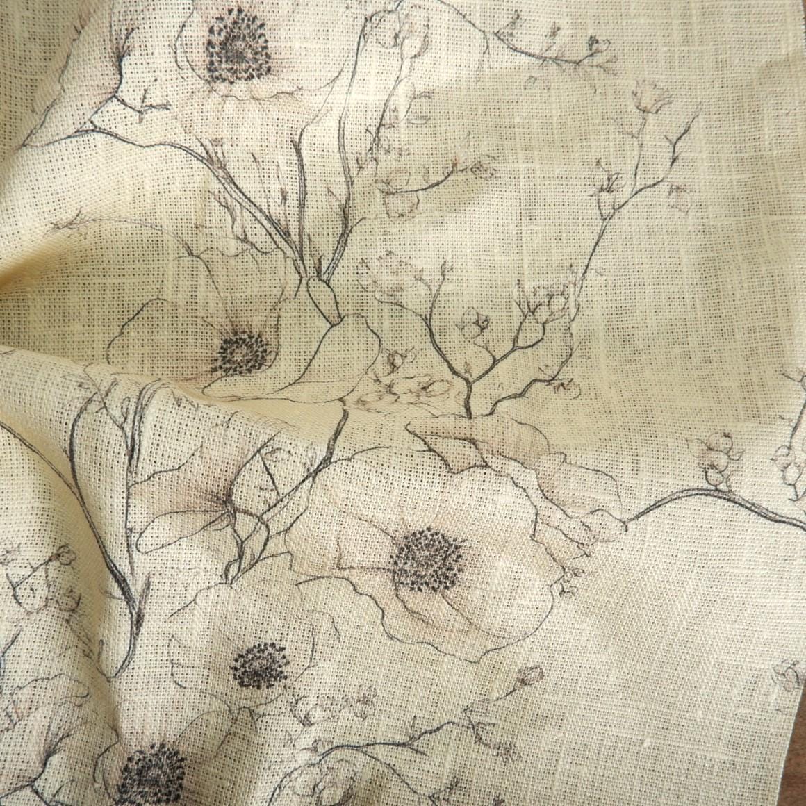 100% LINEN Fabric beige poppy print - LL359P