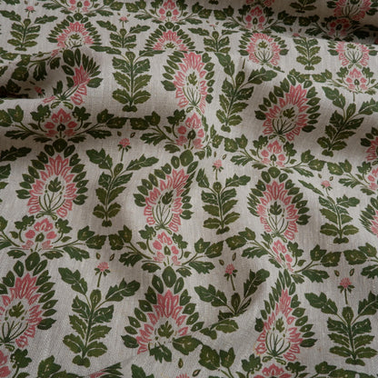 100% LINEN Fabric block print floral pink green on oatmeal 2008