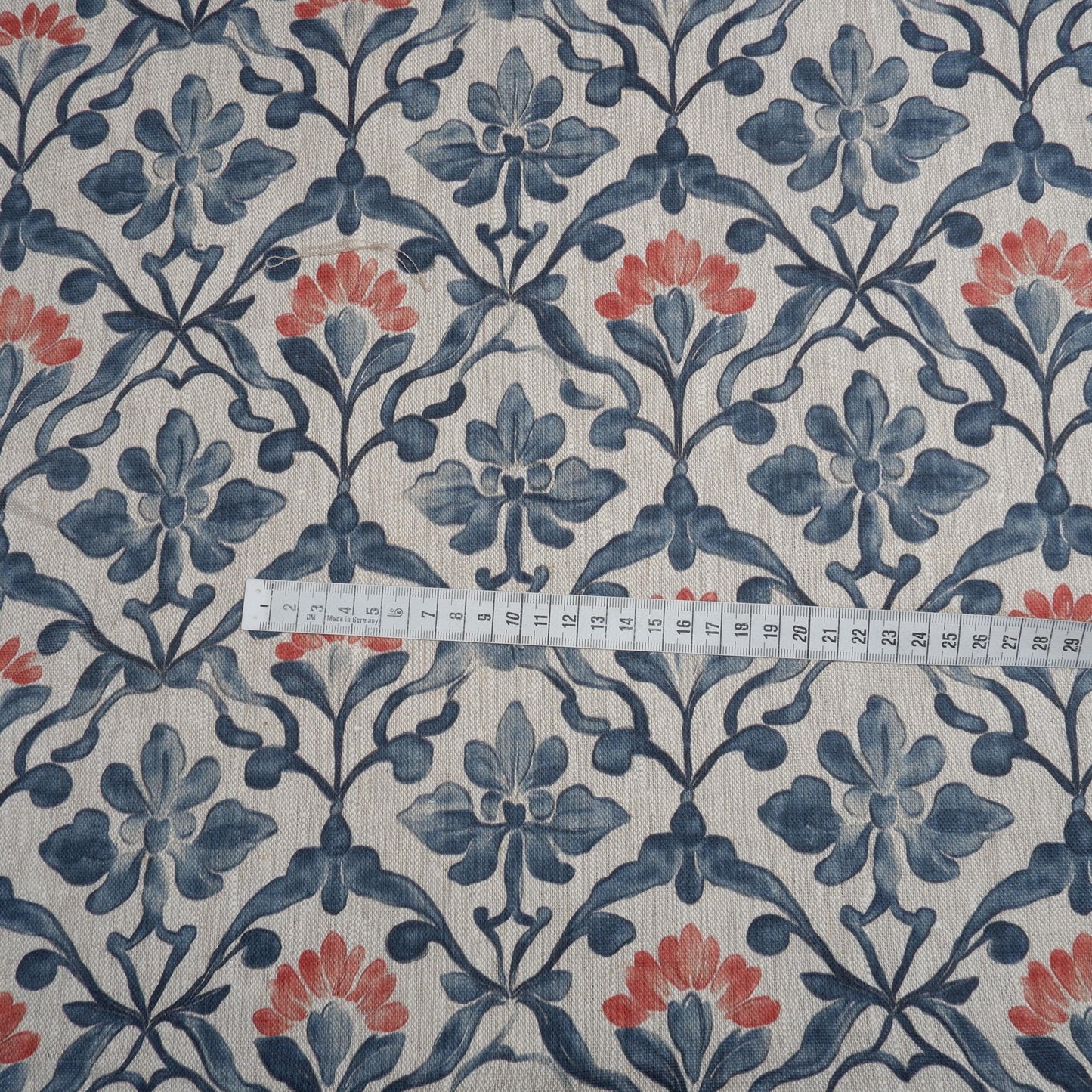 100% LINEN Fabric Portuguese Watercolor floral pattern - blue grey red 2042